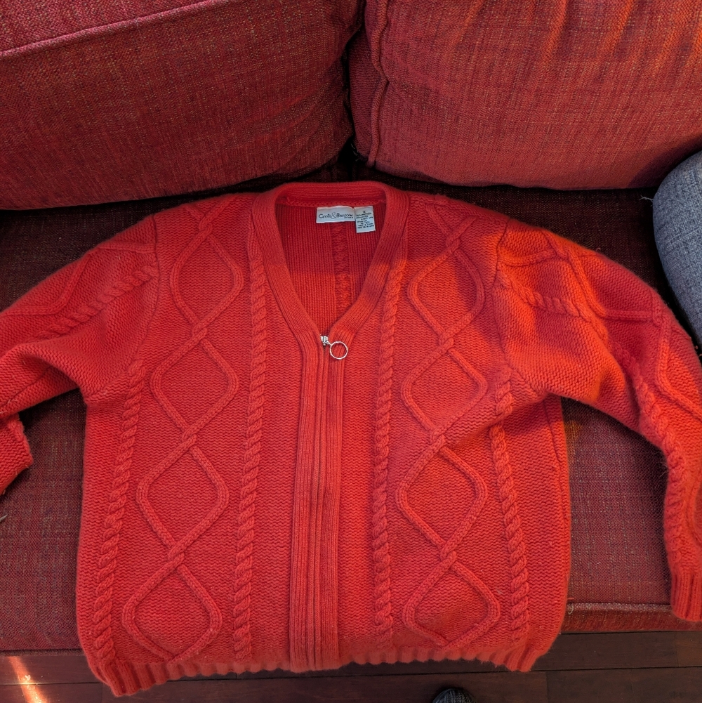 Croft&Barrow Woman Orange Lambswool Cable Knit Zip Cardigan Size 1X